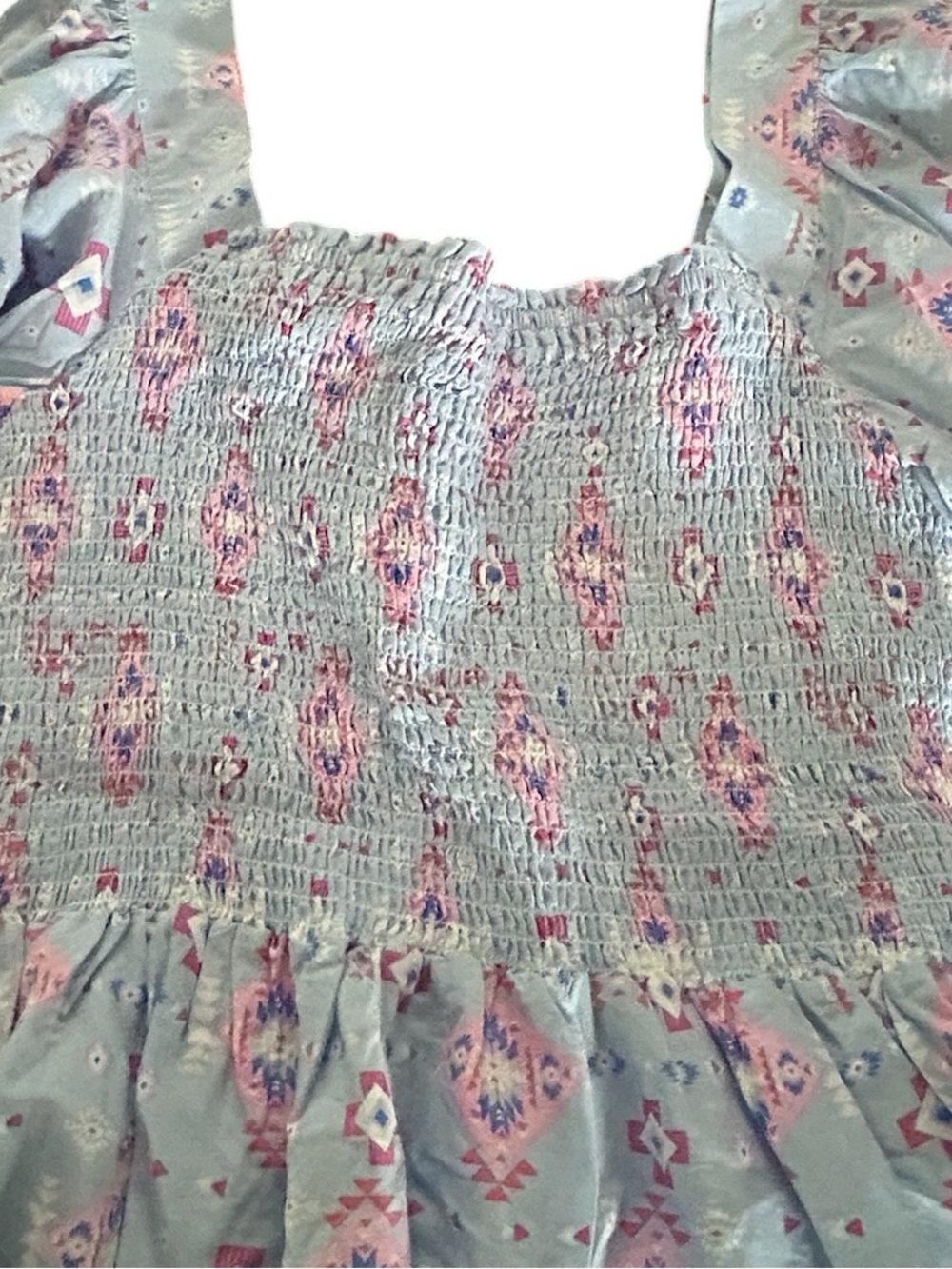Simply Southern Smock Peplum Blouse Puff Sleeves Aztec Print Blue Pink NWT SZ M - Picture 5 of 13